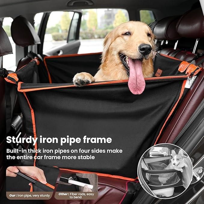 Dog sitting in a car with a black and orange pet seat cover, highlighting the sturdiness of the iron pipe frame.